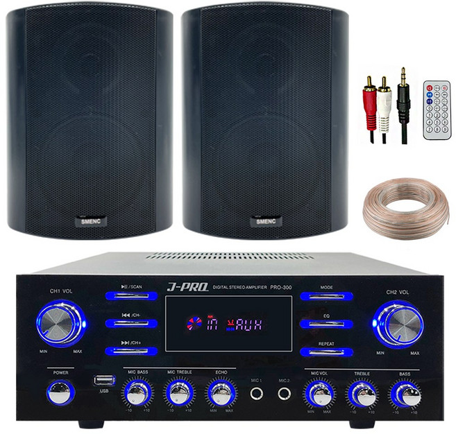 J-PRO 5인치 300W 매장용 카페 업소용 스피커 블루투스 앰프+PC선 1.5M+리모콘+스피커케이블, 2개, 블랙