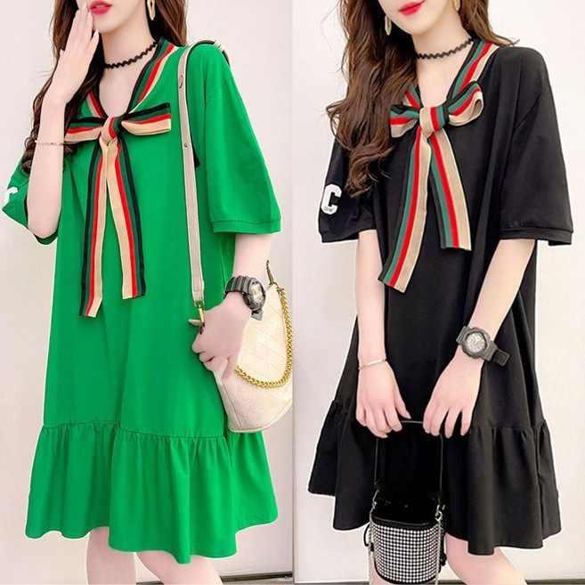 115kg까지 빅사이즈 날씬해보이는 이쁜 리본 스트라이프 반팔 원피스 티셔츠 여성 여름 편한 브이넥 무지 루즈핏 레터링 주름 귀여운 달콤한 박스티 롱티 미디 a라인 스커트