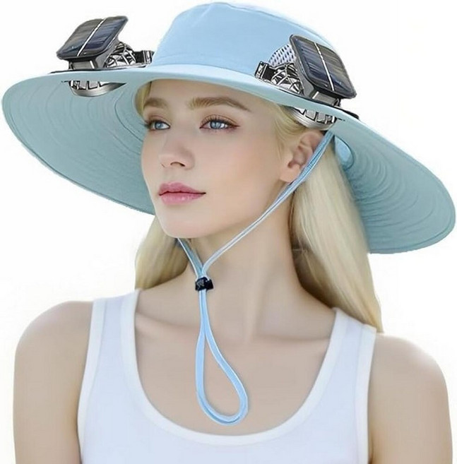 Solar Fan Hat with Two Display Screen Fans Women's Outdoor Hiking and Fishing Sun Shading Hat La, Blue