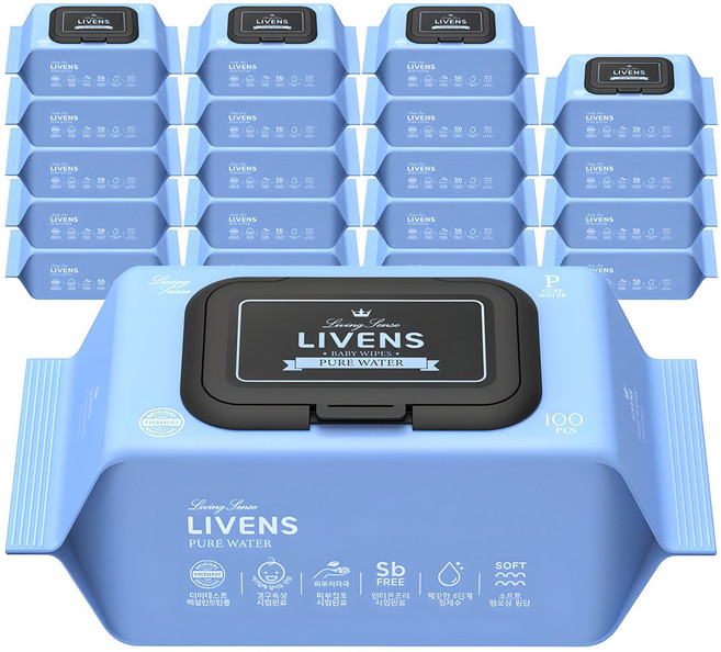 리벤스 퓨어워터 아기물티슈 엠보싱 캡형, 50g, 100매, 20개