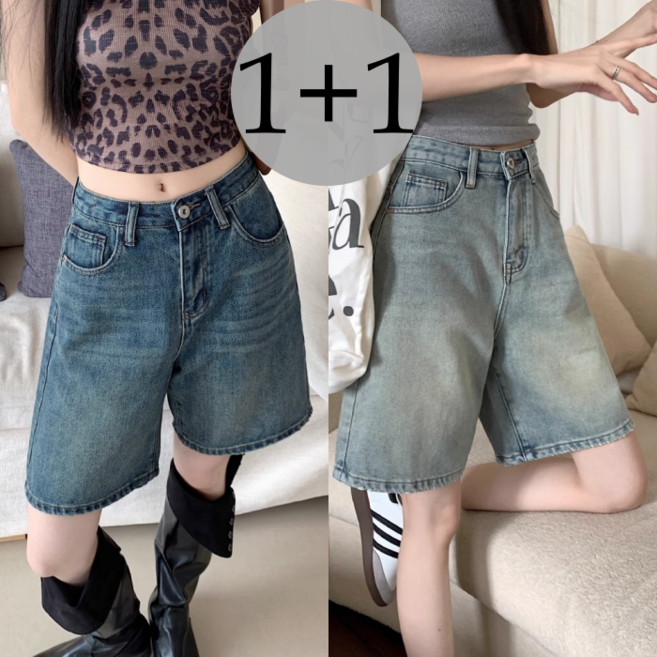 더그랜 여성 루즈핏 와이드 캐주얼 5부 청반바지 2종세트