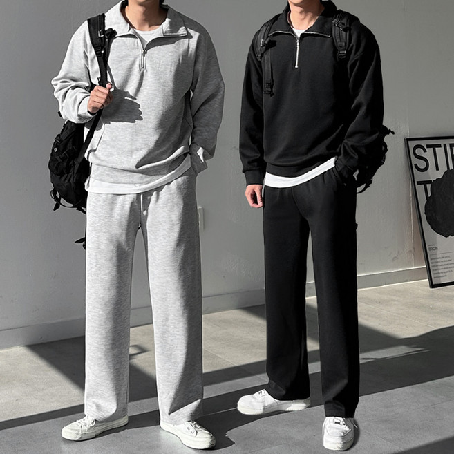 프리미엄 고급 남자 남성 반집업 맨투맨 세미와이드 트레이닝 바지 팬츠 츄리닝 셋업 상하의 세트