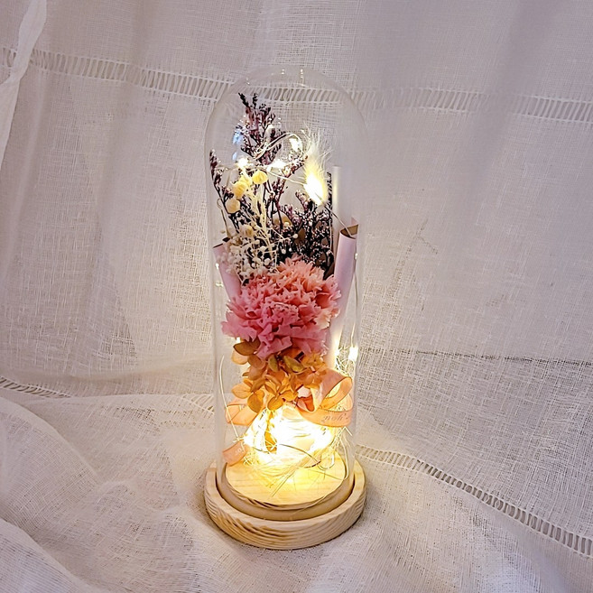 어버이날 카네이션 프리저브드 유리돔 led 유리돔 향기나는 프리저브드 플라워 집들이 생일선물 신혼부부 선물 프리저브드 생화 신혼집 인테리어, 유리돔소, 핑크