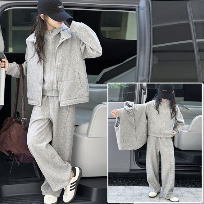 리틀밤 주니어 여아 남아 아동복 키즈 데일리 트레이닝 츄리닝 운동복 등원복 초등 저학년 등하교복 셋업 기모 조끼+후드집업+바지 3종 세트