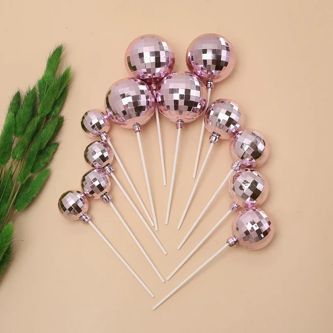 12개 실버 디스코 볼 케이크 장식 카우보이 생일 파티 토퍼 1970년대, 06 12pcs pink