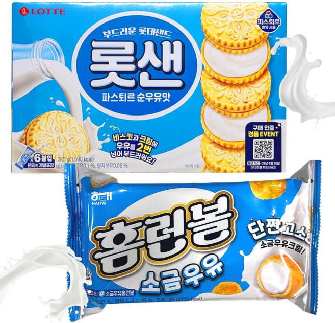 롯데 롯샌 파스퇴르 순우유맛 315g + 해태 홈런볼 소금우유 49g 세트, 1세트, 364g