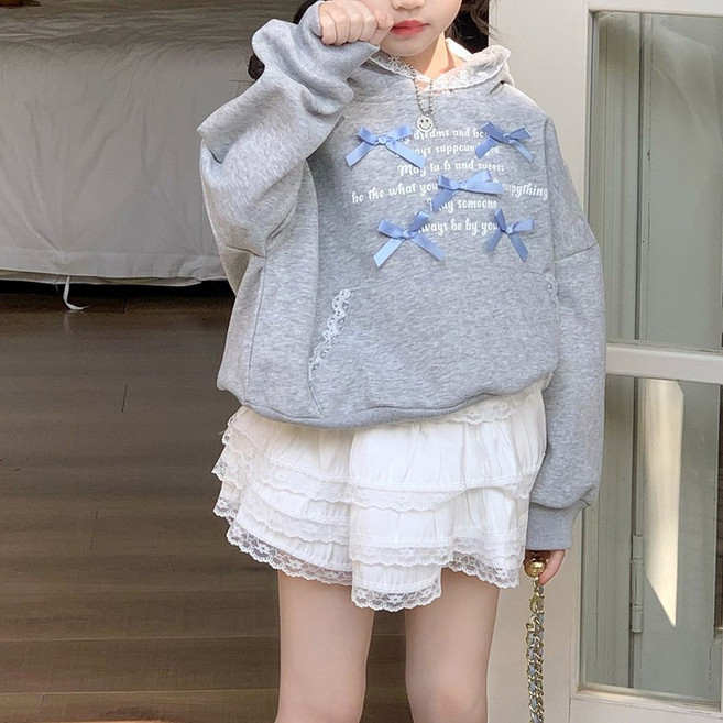 델루비오 아동 여아 리본 레이스 후드 맨투맨 튜튜 스커트 투피스 세트 상하복