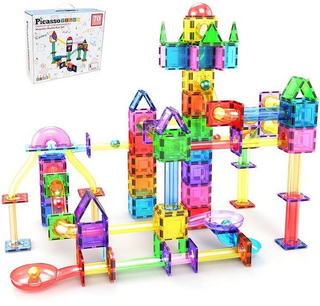PicassoTiles 70 개 마블 런 레이스 트럭 자기 타일 자석식 조립 블록 지육 장난감 세트 플레이 STEM 학습 키트 어린이의 뇌 발달 촉진 손과 눈의 협력 훈련, 1개, 상세페이지 참조