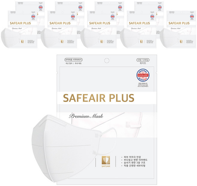 세이프에어 플러스 새부리형 황사 방역 마스크 KF-94, 화이트, 10개, 10매입