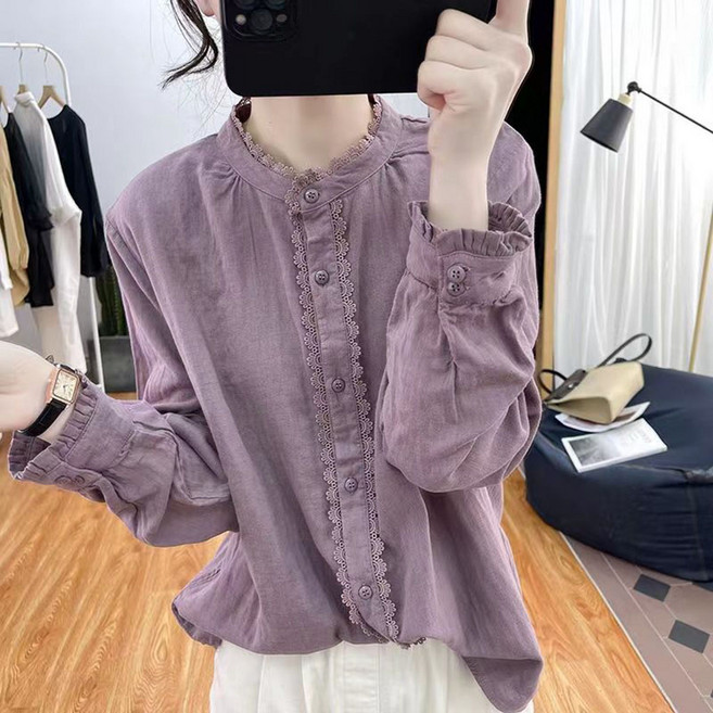 ROYALBELLE 여성 순면 빈티지 레이스 차이나넥 루즈핏 프릴 캐주얼 데일리 긴팔 남방 셔츠 V62315