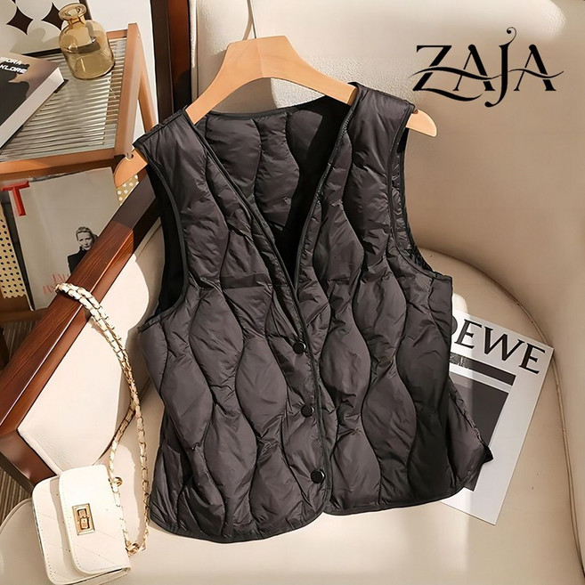 ZAJA 겨울 여성 얇은 보온 방한 V넥 경량 패딩조끼