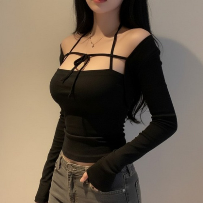 히또리 T5080 심플 홀터 튜브탑 크롭 스트랩 가디건 세트