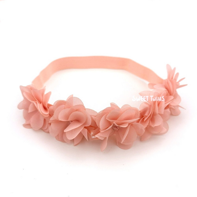 Sweet Twins 雪紡花朵寶寶髮帶 嬰兒髮飾 拍照頭飾 橘粉色 白色