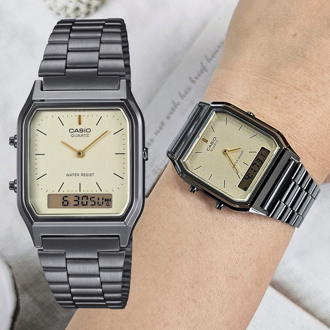 정식AS 카시오 빈티지 듀얼타임 건메탈 시계 AQ-230GG-9ADF