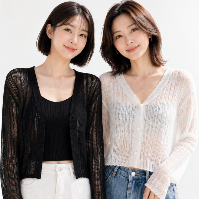 엘로스 1+1 여성 가디건 여름 브이넥 세미크롭 시스루 얇은 긴팔 2종 세트