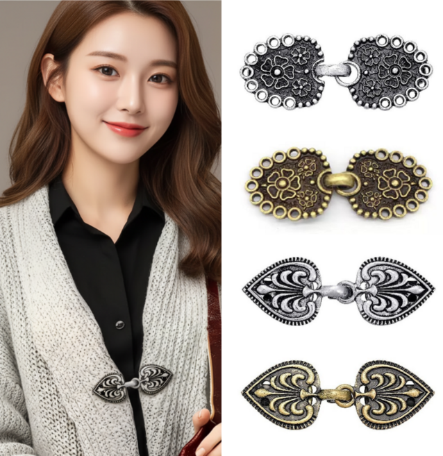 빈티지 앤틱 가디건 여밈단추 스웨터 클립 4p 세트, 1세트, 골드+실버