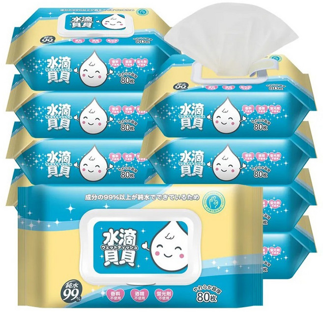 【水滴貝貝】超厚純水柔濕巾 80抽 (奈森克林 嬰兒濕紙巾), 8入, 1箱