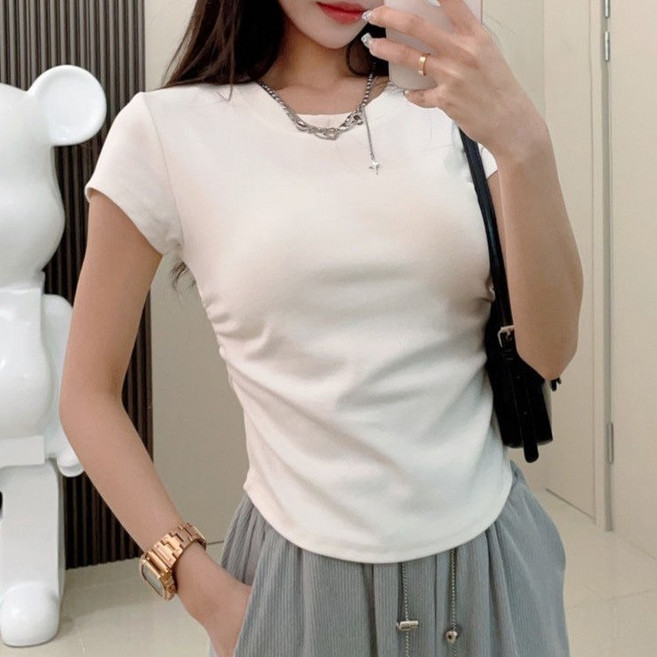 야오야오 밑단굴림 셔링 슬림핏 크롭 반팔 티셔츠