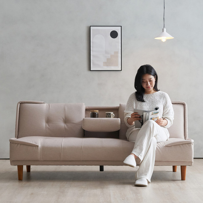 [추가할인] 에보니아 리도 컵홀더 3인용 소파베드 패브릭룩 방수가죽쇼파, 철재다리_그레이