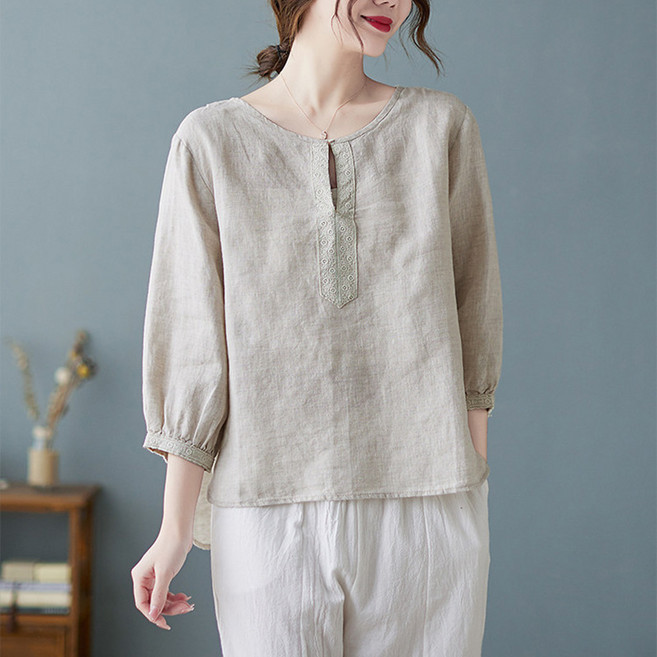 MIREA 여성 7부 소매 린넨 코튼 블라우스 루즈핏 데일리 봄여름 DTX05