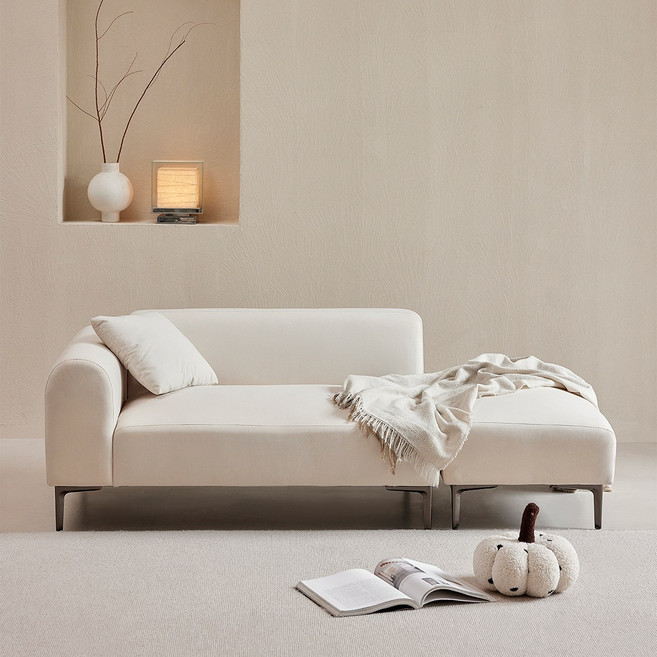 NOVALIVE 패브릭 소파 2인용 팔걸이 우형 + 쿠션 1p + 스툴, 아이보리 우측형