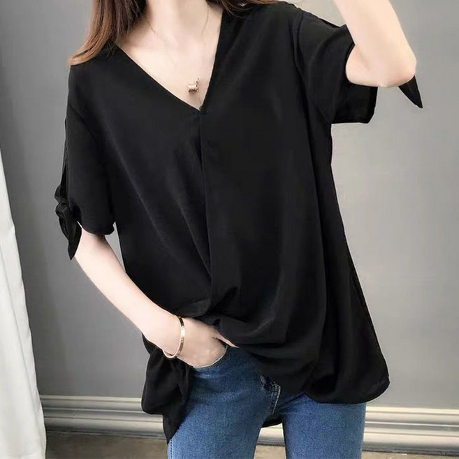 PEROLA 150kg까지 빅사이즈 여성 브이넥 반팔 블라우스 루즈핏 캐주얼 3컬러 여름 블라우스 (L~6XL)