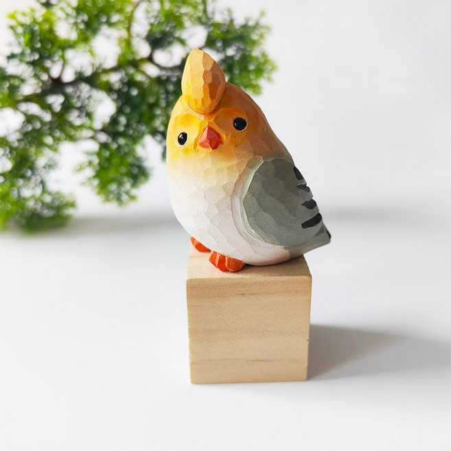 手工實木雕刻鸚鵡擺件, 黃白嬌鳳鳥 無木方