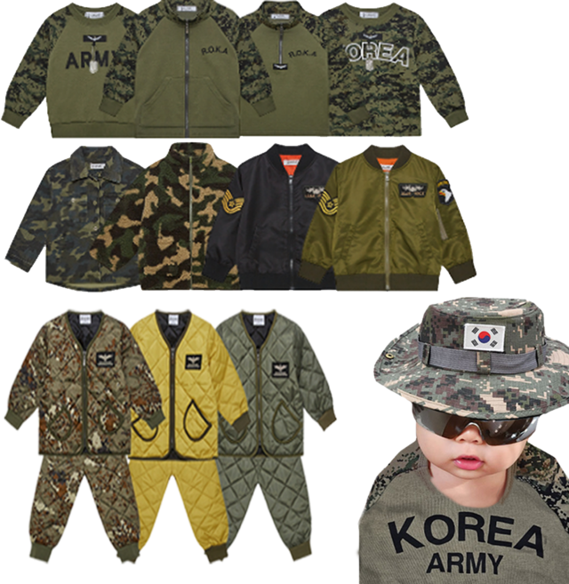국내생산 유아 어린이 아동 ROKA 로카 긴팔 점퍼 군복 캠핑 밀리터리 자켓 상하복 세트