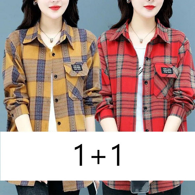 1+1 중년 여성 긴팔 셔츠 남방 루즈핏 봄 가을 긴팔티 상의 캐주얼 엄마 체크 폴로넥 남방 CY