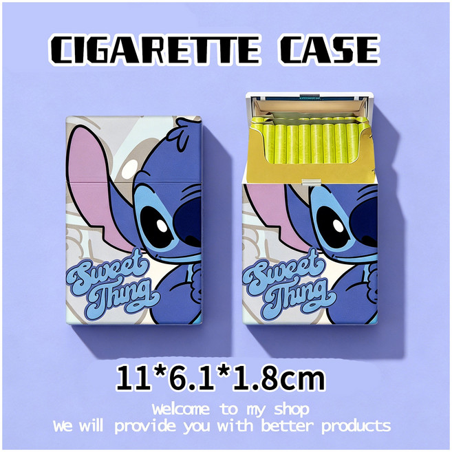 卡通圖案香菸盒 菸收納盒 便攜 粗細 多圖可選 香菸盒 11*6.1*1.8cm, 史迪奇-細支, 1個