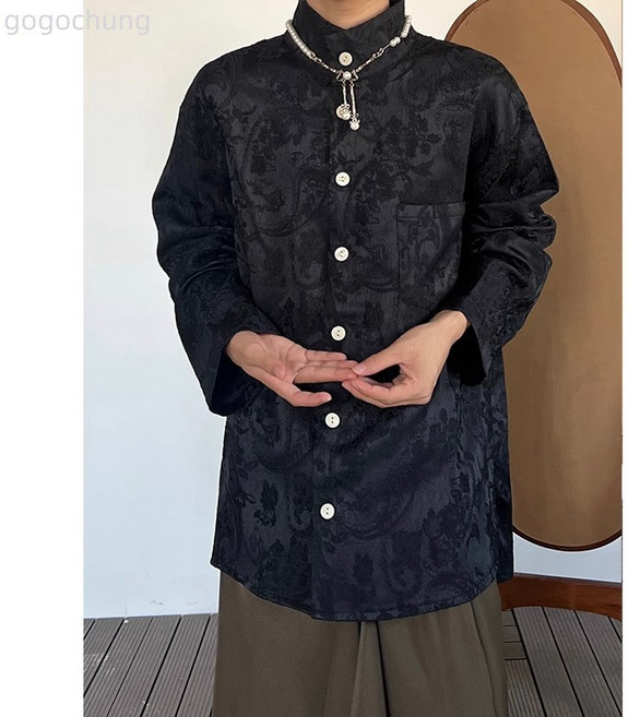 小眾復古高級感提花襯衫男春秋季新款潮牌寬鬆新中式立領長袖襯衣