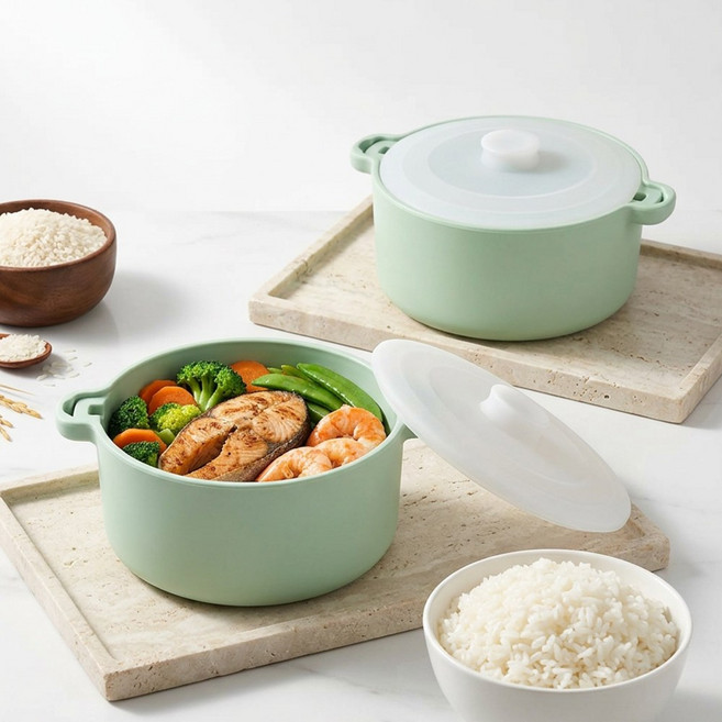 하루꿈 실리콘 찜기 다용도 저당밥솥 1200ml 전자레인지 용기, 1개, 민트