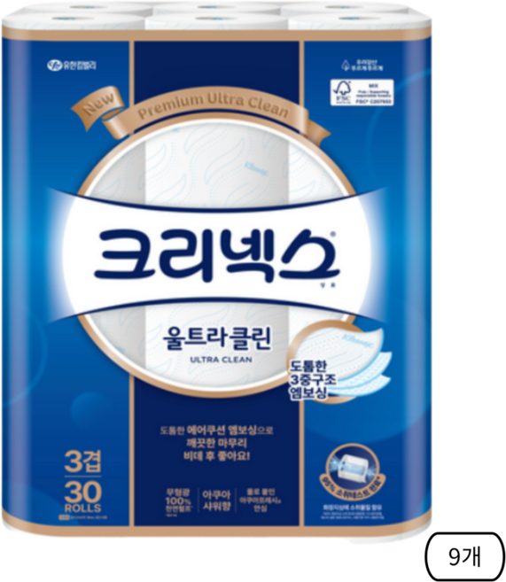 크리넥스 3겹 울트라 클린 롤화장지 천연펄프, 27m, 30개입, 9개