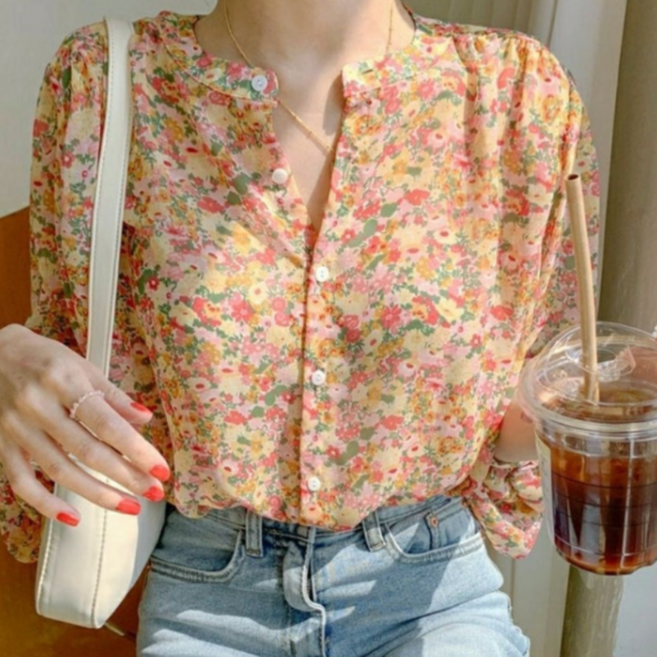 해피인뉴 여성 플라워 포인트 블라우스 데이트룩 하객룩