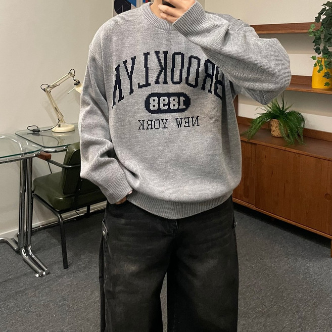 르위 오버핏 레터링 긴팔 니트 라운드 빅사이즈 가을 겨울 남녀공용