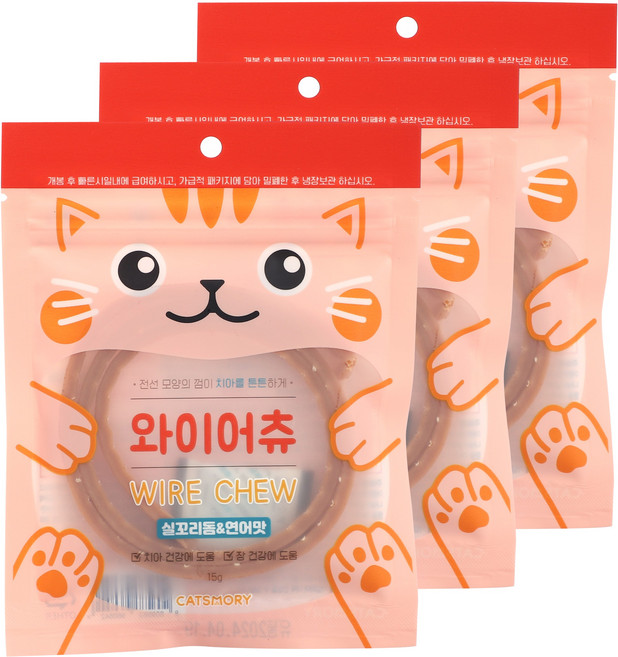 캣츠모리 고양이 껌 간식 와이어츄 실꼬리돔&연어맛, 15g, 3개
