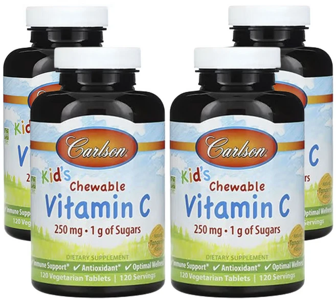 칼슨 어린이용 츄어블 비타민C 천연 귤 맛 250mg 120베지정제, 4팩, 120정 - 쿠팡