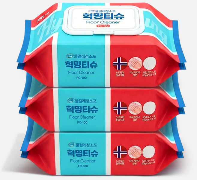 혁명티슈 가정용 물걸레 청소포 청소물티슈 바닥청소 FC-100, 3개