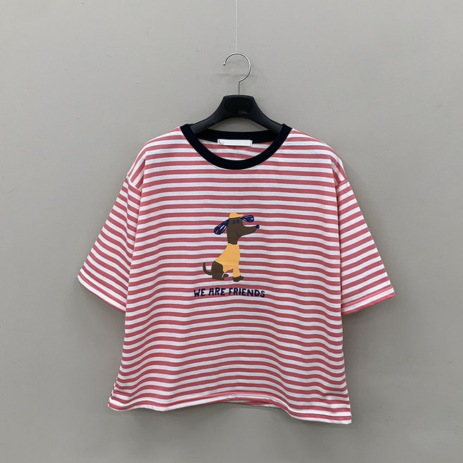 캡 도그 배색 스트라이프 7부 소매 반팔 티셔츠