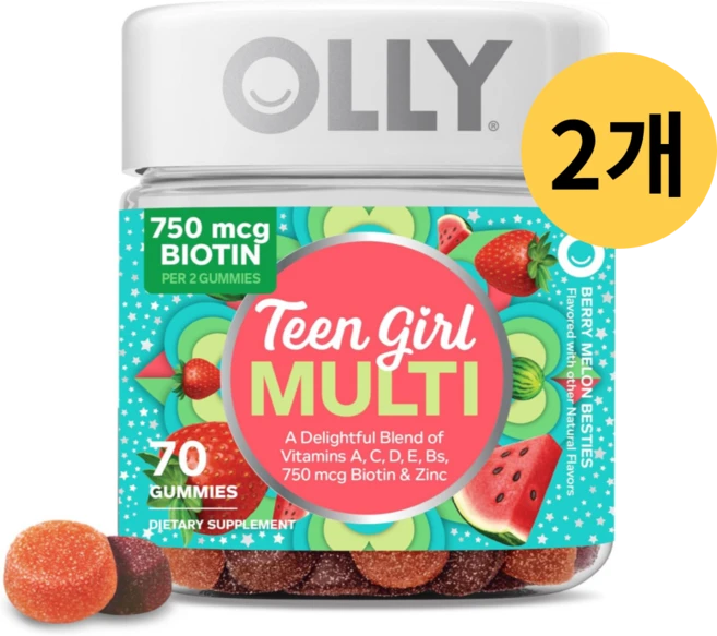미국직구 올리 OLLY 10대 소녀 멀티 종합비타민 베리멜론 70구미, 2개 - 쿠팡
