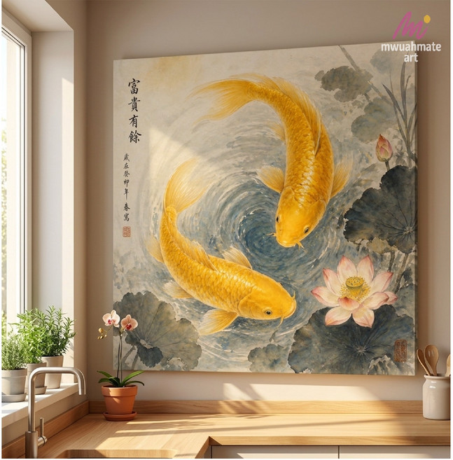 무아메이트 금붕어와 연못 풍수화 그림 벽 인테리어 액자 캔버스 돈들어오는 복 부자되는 액막이 풍수 팝아트 포스터 벽걸이 집들이 이사선물 거실, 꼭꼬핀
