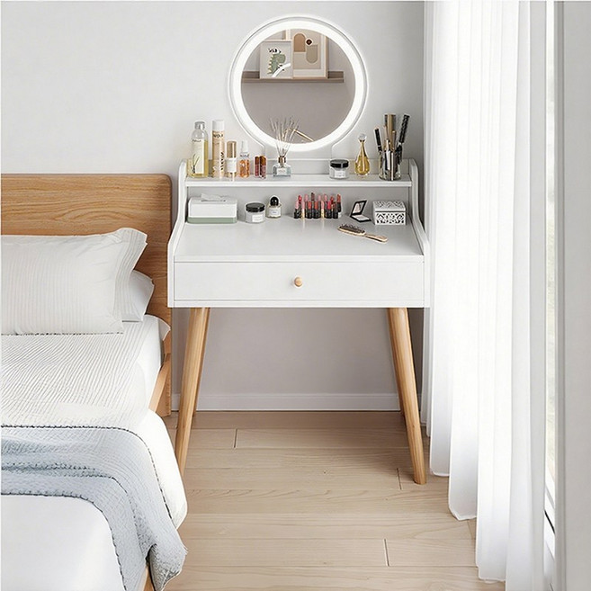 원트두 화장대 미니 거울 LED 조명 침실 입식 수납형, 우드화이트