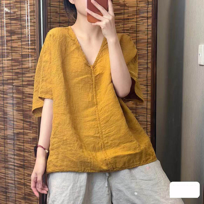 메인워크 여성 린넨 반팔 티셔츠 여름 냉장고 면 마 빈티지 캐주얼 루즈핏 스판 베이직 솔리드 브이넥 캐주얼 아우터 상의