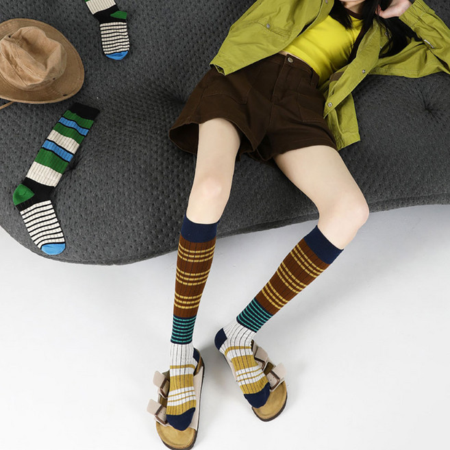 에이블탑 여성 니삭스 패션 골프 운동 종아리 압박 양말 n469, 1개, 01 브라운옐로우