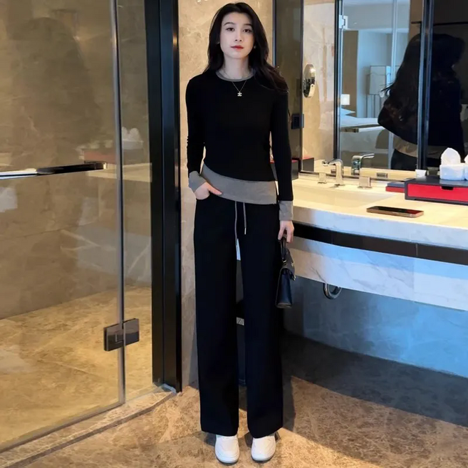 COSYEVNO 여성 트레이닝 세트 가을 빅사이즈 루즈핏 패션 라운드 가짜 투피스+와이드 팬츠 투피스 lyjnstz-16