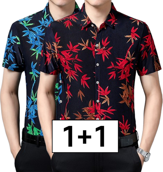 여름 아이스 실크 꽃무늬 셔츠 남성 반팔 중년 남성용 고급감 레저 스타일 구김없이 다림질 안 해도 되는 반팔 셔츠 1+1 2장입
