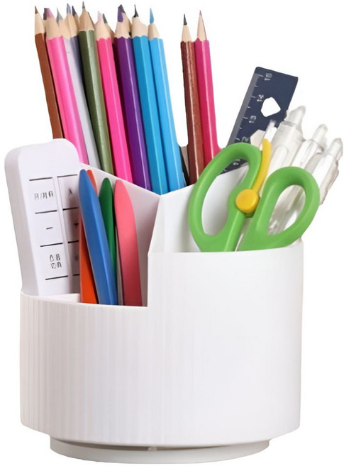 일상픽 360도 회전 원형 3칸 데스크오거나이저 연필꽂이, 화이트, 1개