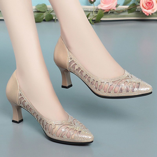 페이준 여성 봄여름 6CM 펀칭힐 망사 큐빅 스틸레토 샌들 LN3634