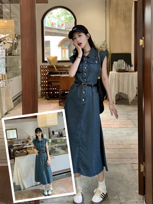 여름 여성 빈티지 민소매 데님 원피스 커라넥 루즈핏 허리 벨트 포함 롱 원피스 ZZQ26040701