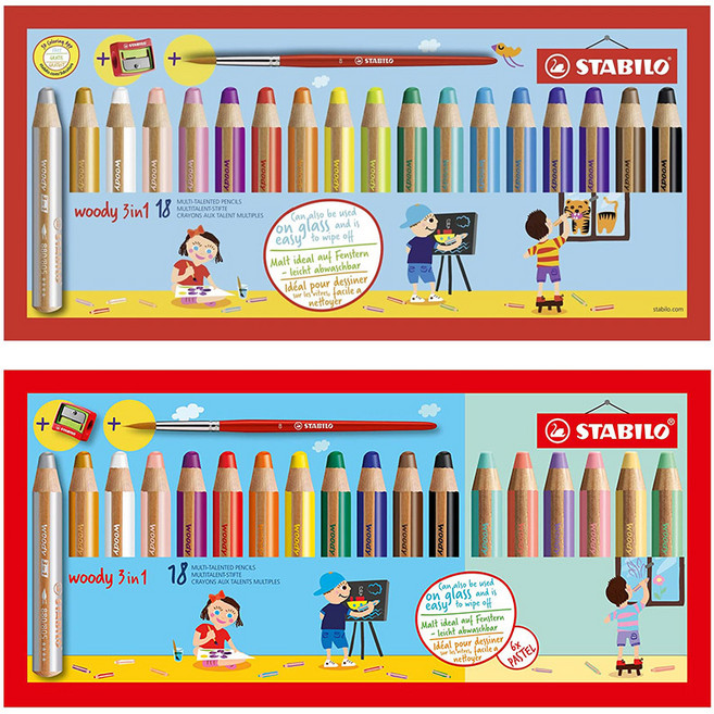 스타빌로 우디 3in1 색연필 18색세트 샤프너 붓 포함, 파스텔